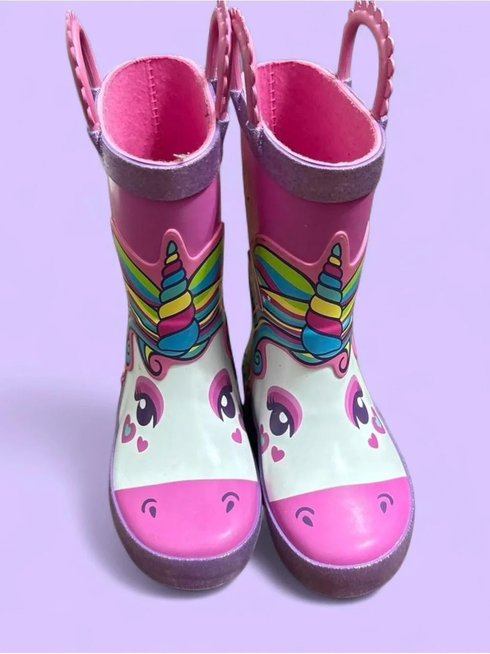 Girls Pink Unicorn Rain Boots with Easy Pull Handles